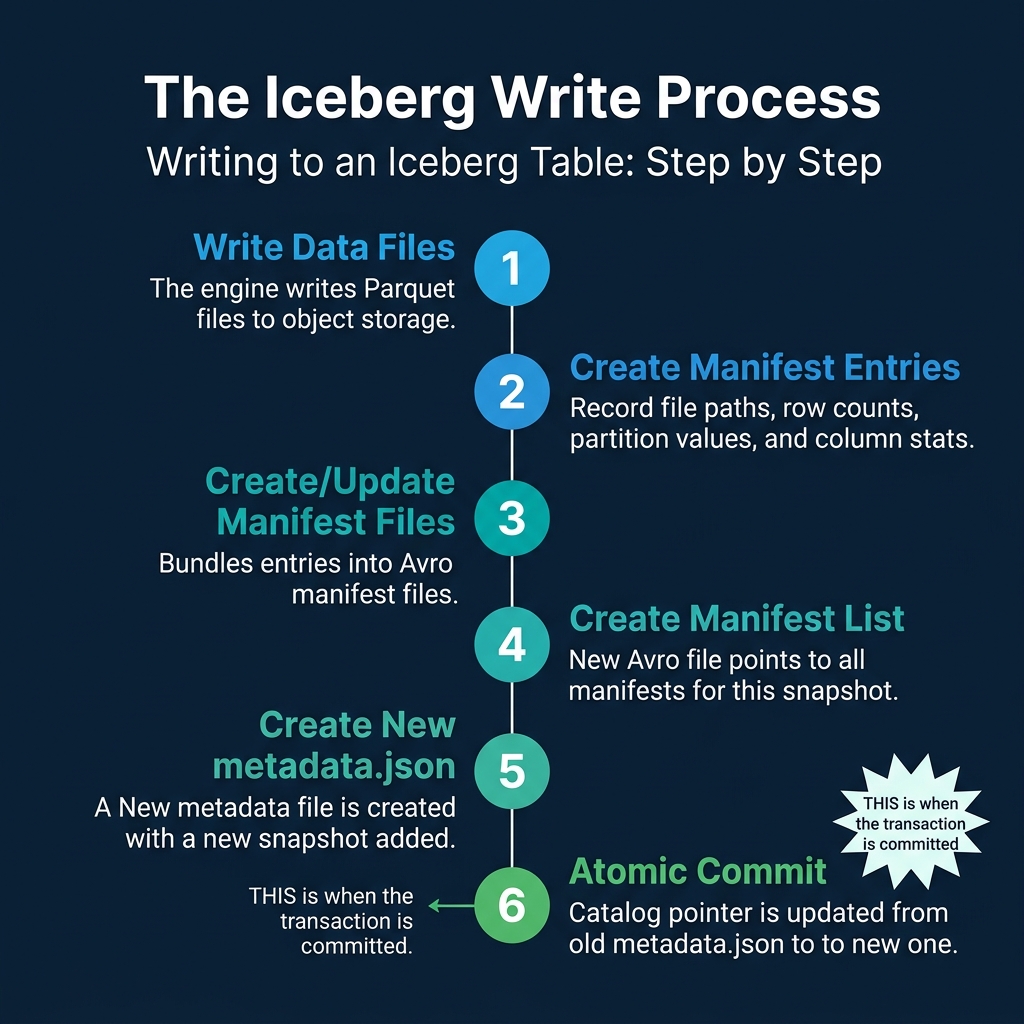 The Iceberg write process from data file creation through the atomic catalog pointer swap