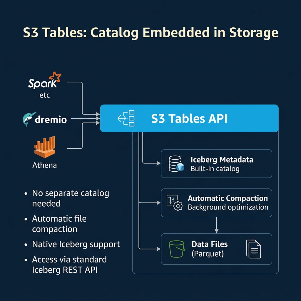 S3 Tables architecture showing the built-in Iceberg catalog with automatic compaction