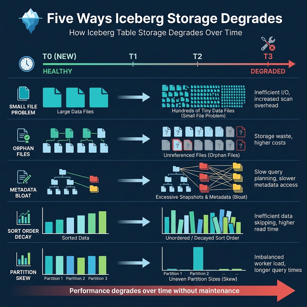 The five ways Iceberg table storage degrades over time, from small files to partition skew