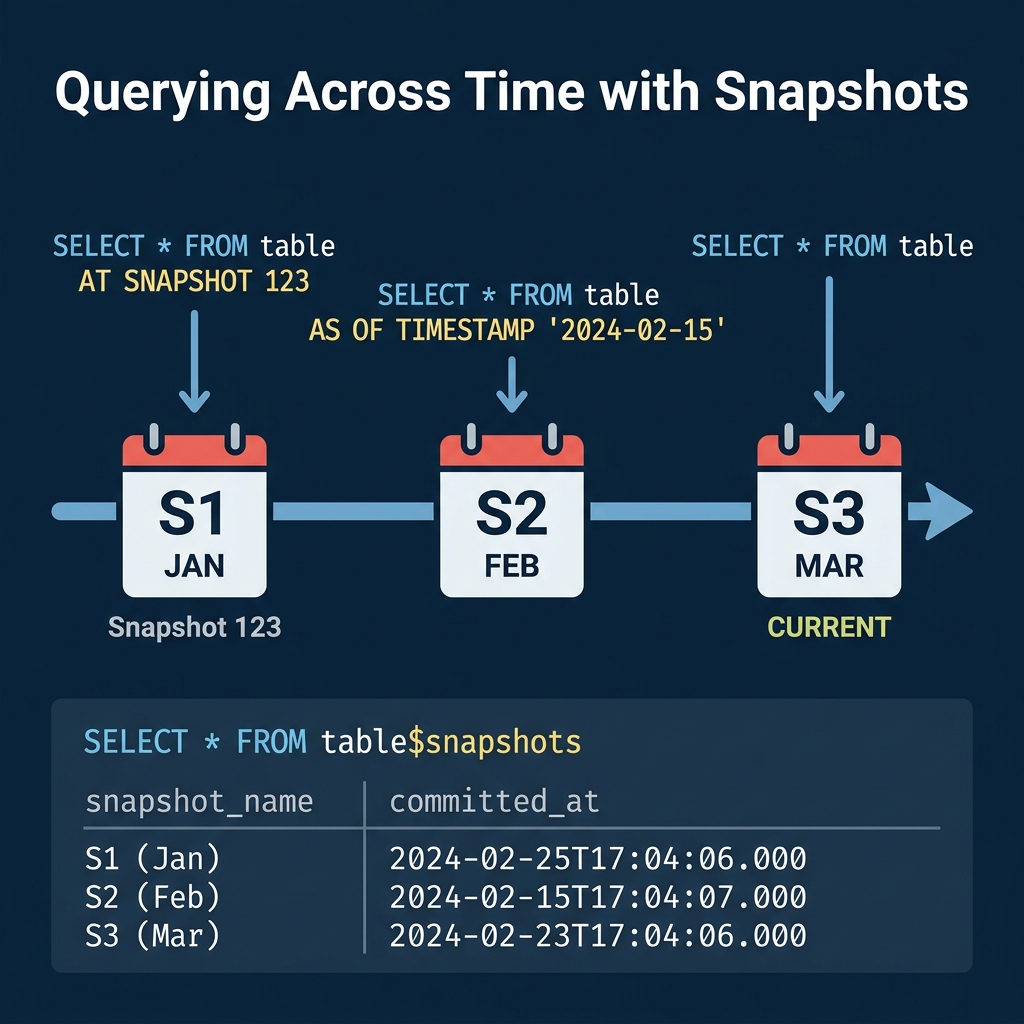How snapshots enable querying the table at any point in its history