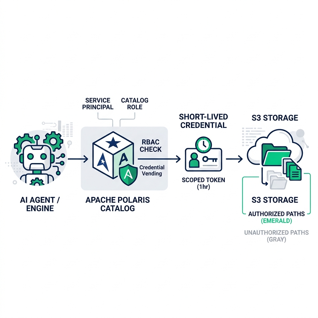 Apache Polaris credential vending and access control flow