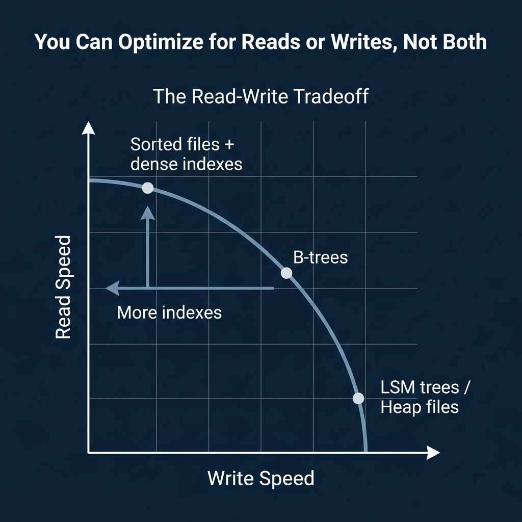 The read-write tradeoff showing how sorted files with dense indexes optimize reads while LSM trees and heap files optimize writes