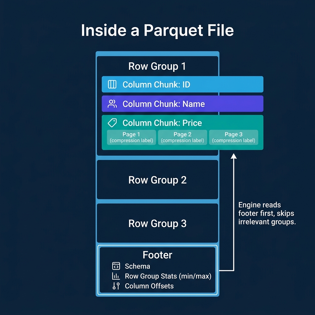 Anatomy of a Parquet file showing row groups, column chunks, pages, and the footer with schema and statistics
