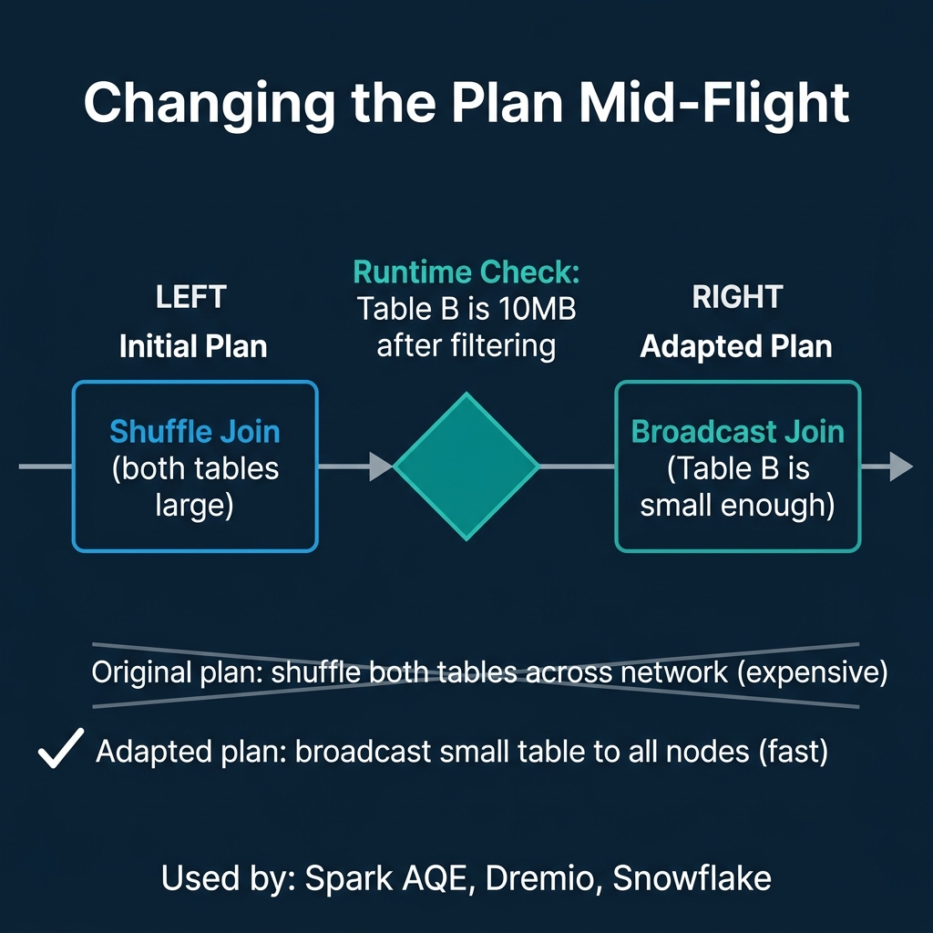 Adaptive query execution changing a shuffle join to a broadcast join mid-flight based on actual data sizes