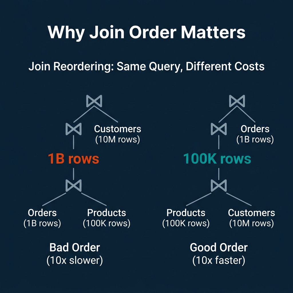 Join reordering showing how the same three-table query can be 10x faster or slower depending on which tables are joined first