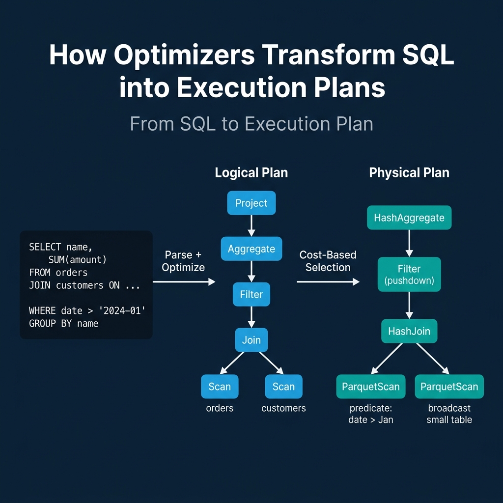 How optimizers transform SQL through logical and physical plan stages into an execution plan