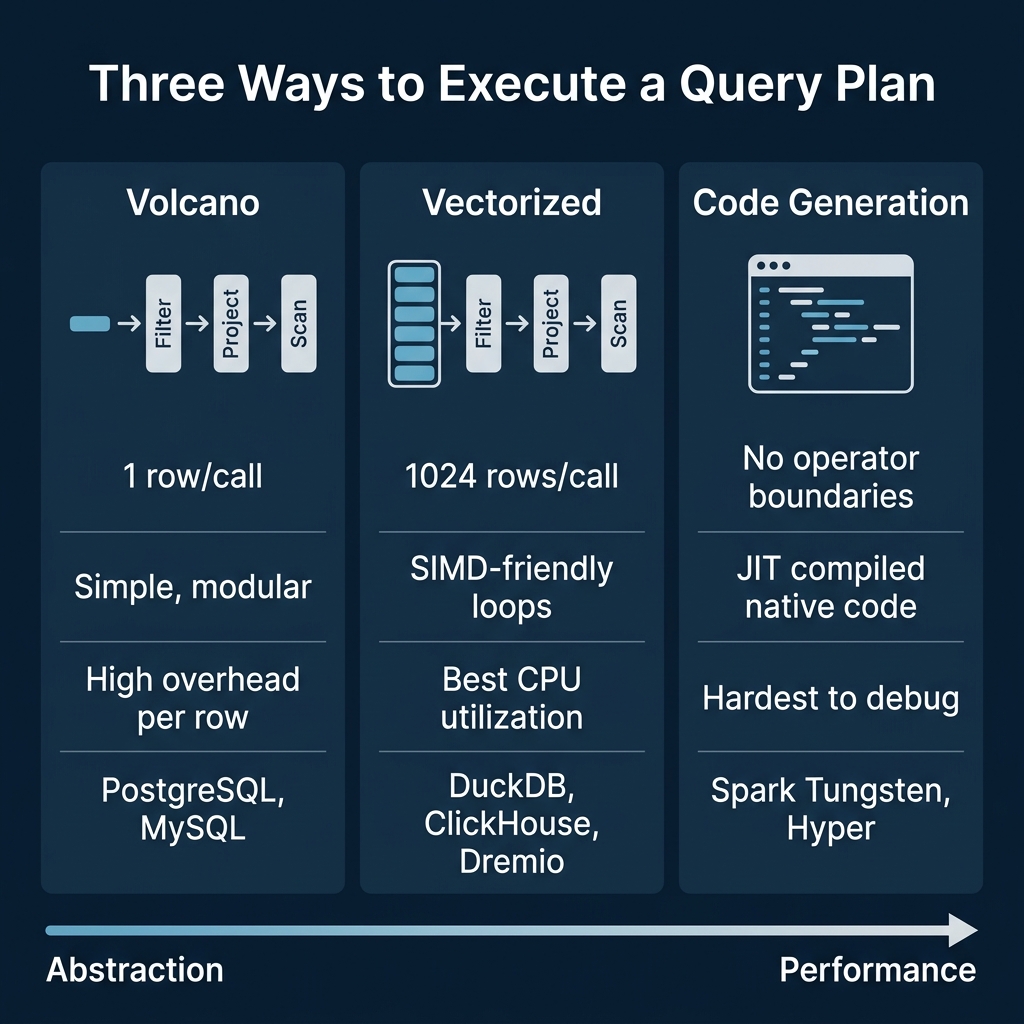 Three execution models compared: Volcano for simplicity, Vectorized for CPU efficiency, Code Generation for maximum performance