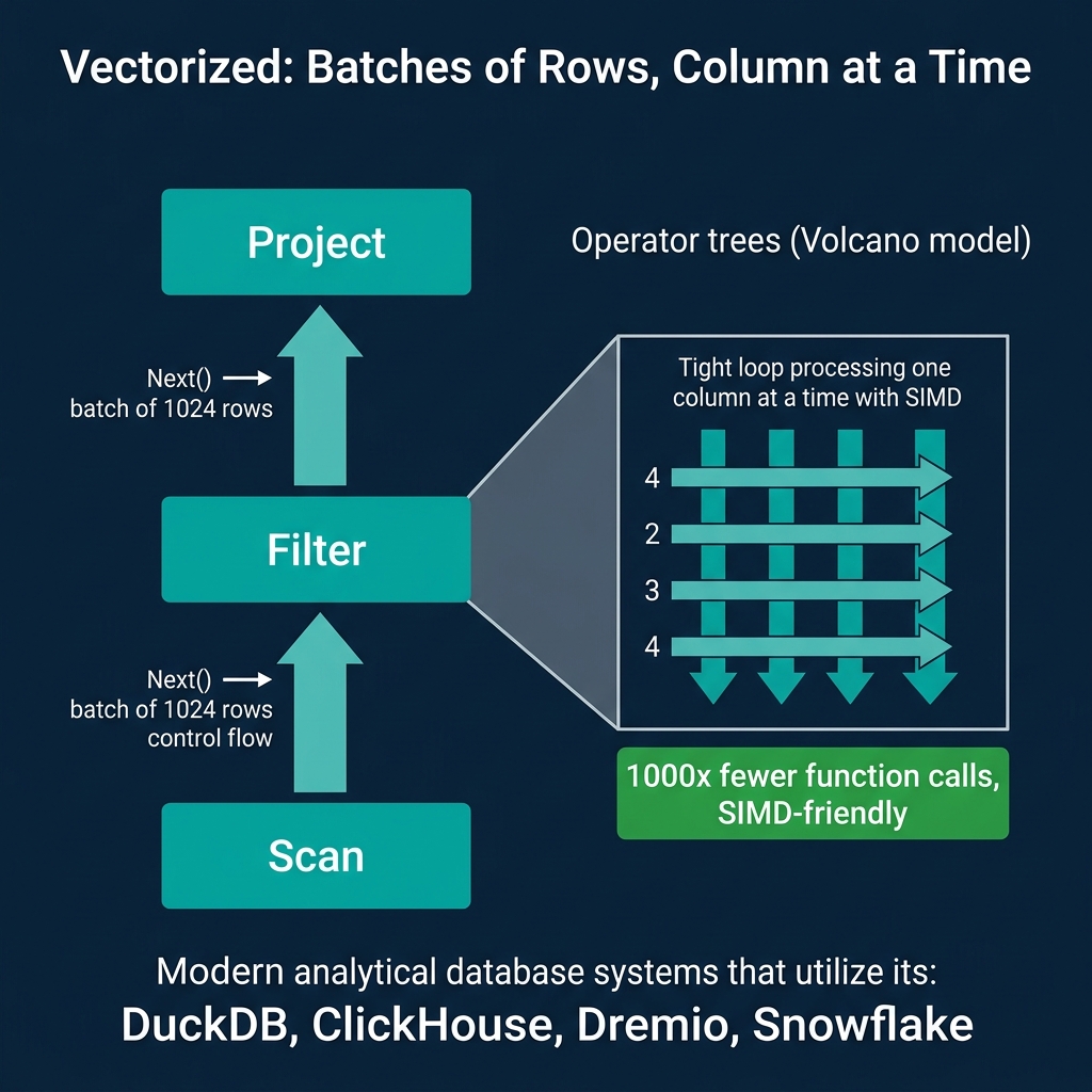 Vectorized execution processing batches of 1024 rows with SIMD-friendly tight loops