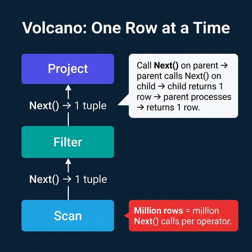 Volcano iterator model showing operators passing one tuple at a time via Next calls