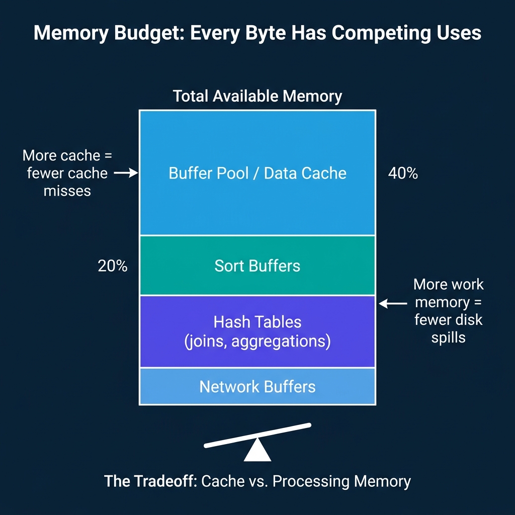 How engines divide available memory between data cache, sort buffers, hash tables, and network buffers