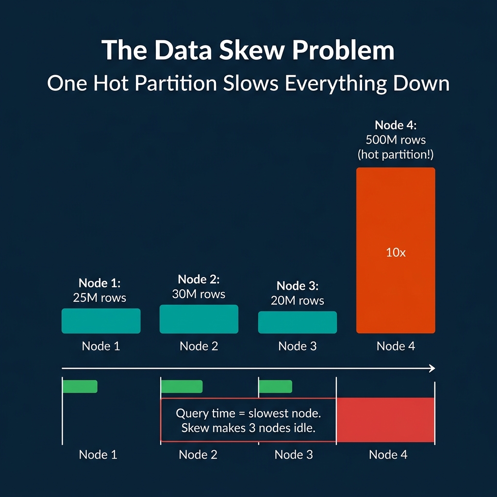 The data skew problem showing one partition with 10x more data creating a straggler node