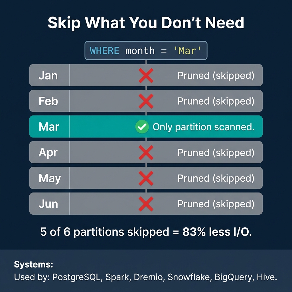 Partition pruning showing 5 of 6 monthly partitions skipped when filtering by March