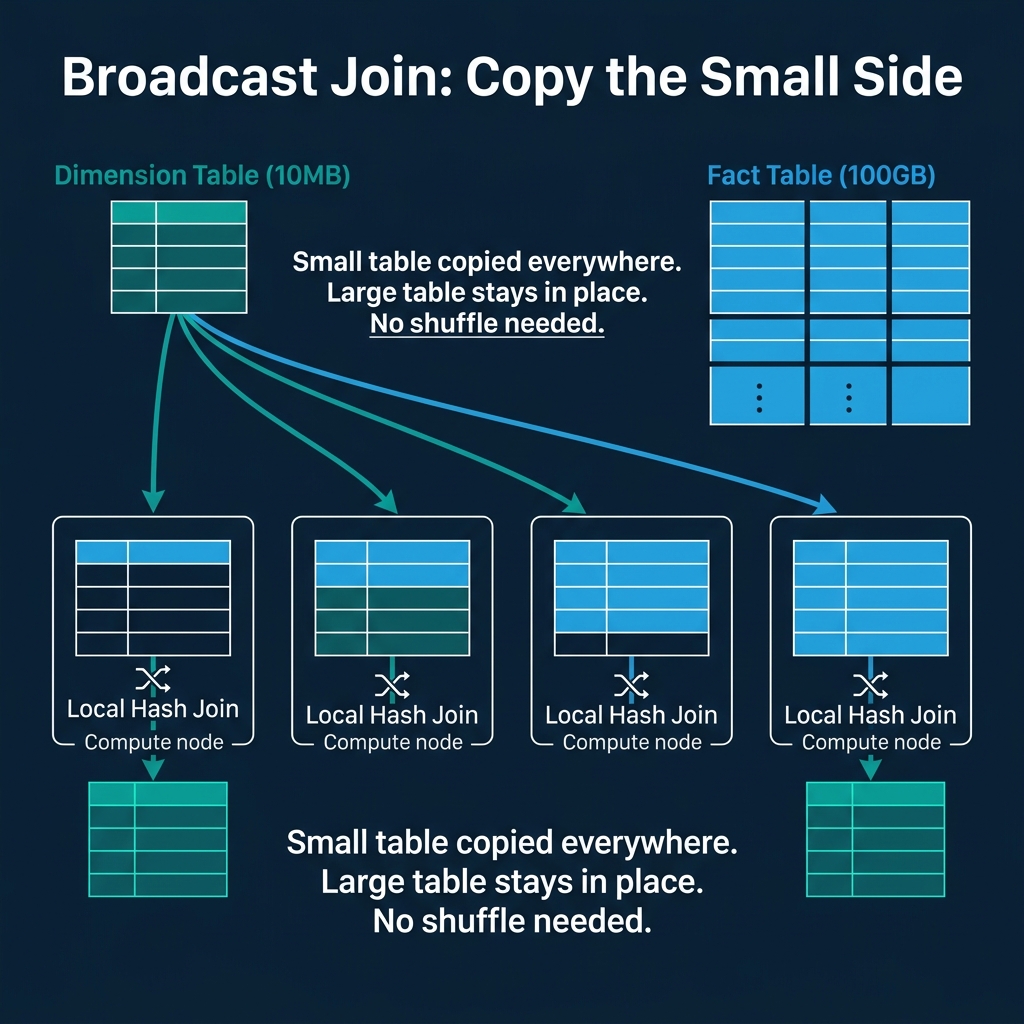 Broadcast join copying the small dimension table to every compute node while the large fact table stays in place
