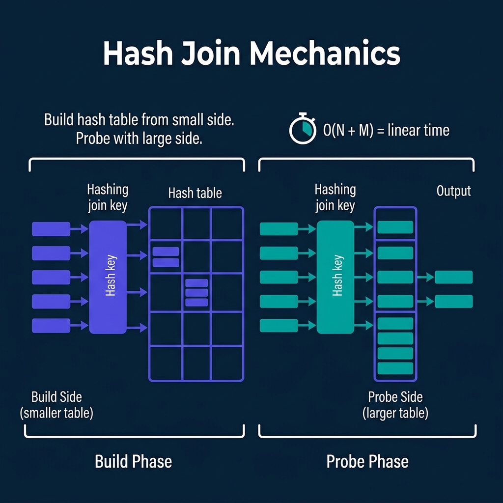 Hash join build and probe phases showing hash table construction from the smaller table and probing from the larger table