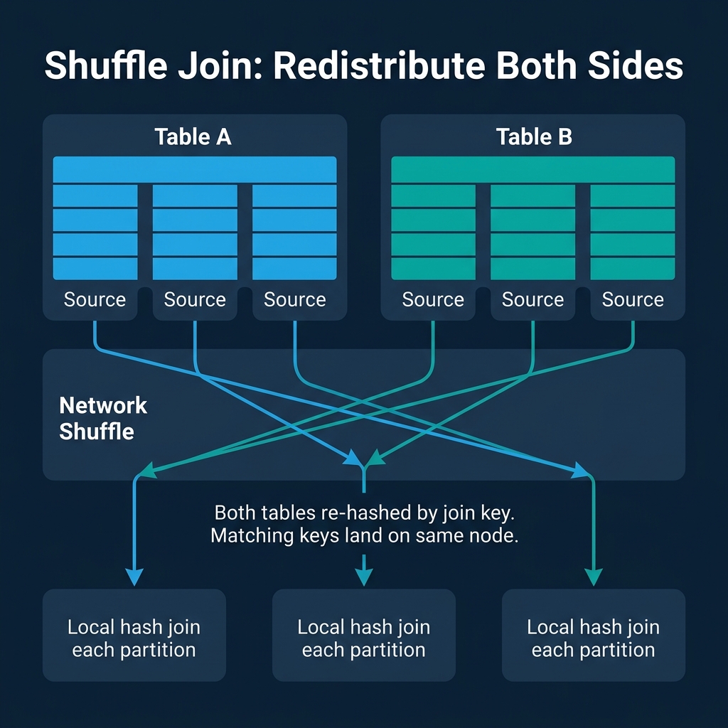 Shuffle join redistributing both tables by join key hash so matching keys land on the same node
