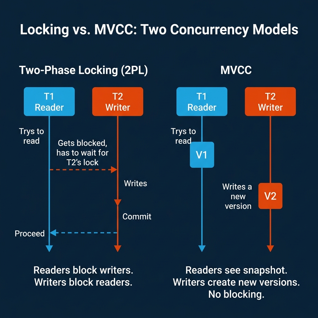 Two-Phase Locking versus MVCC showing how locking blocks readers while MVCC allows concurrent access