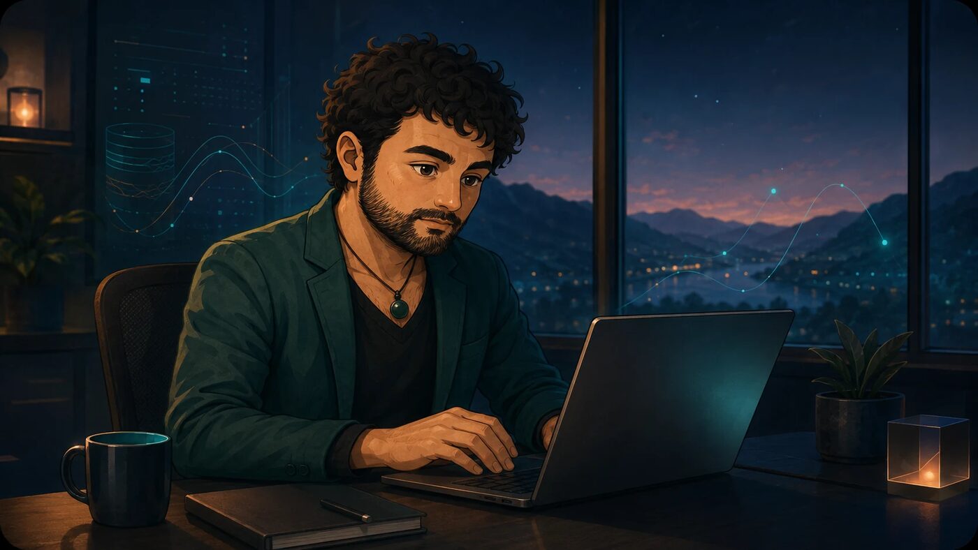 Illustration of Alex Merced working at a laptop at night, with glowing teal data charts drawn across the window and a valley of city lights below the mountains beyond it.