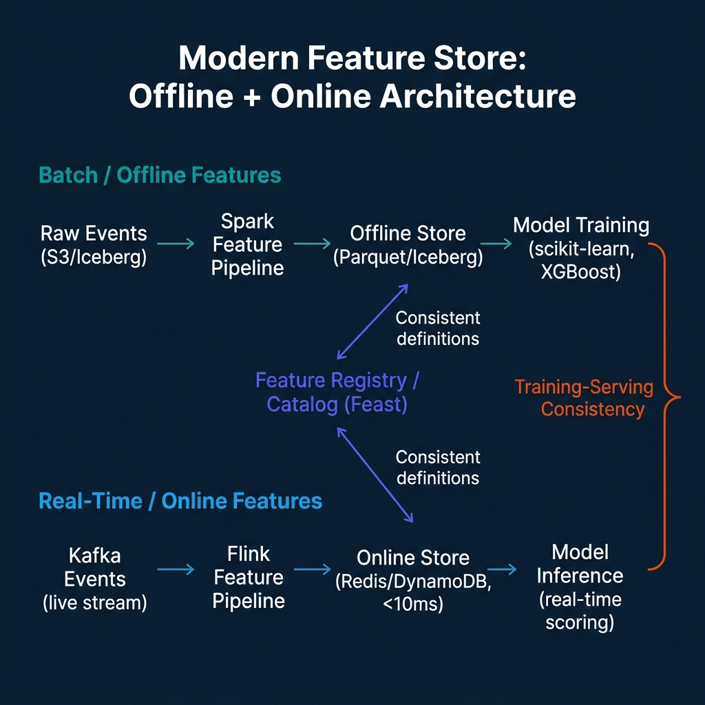 Feature store offline and online architecture with batch features from S3/Iceberg via Spark and real-time features from Kafka via Flink, connected through Feast feature registry for training-serving consistency