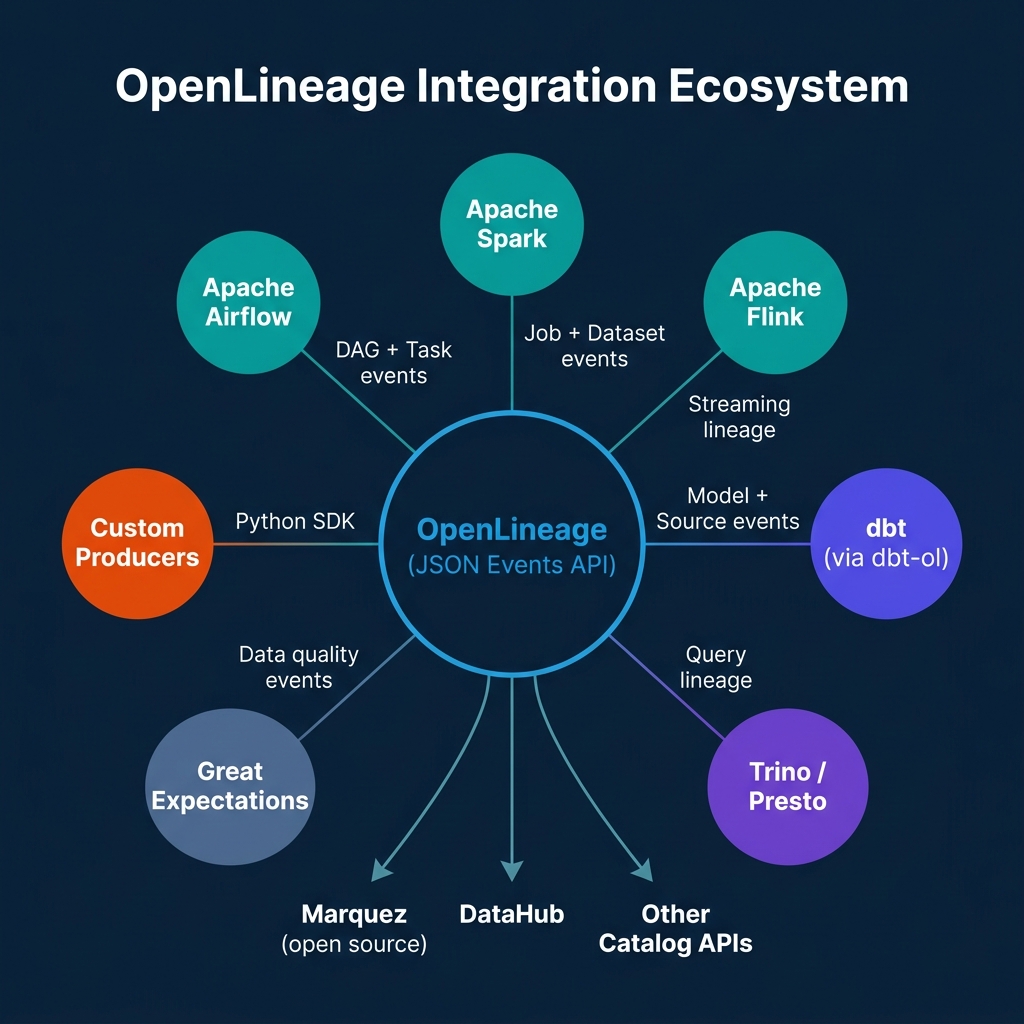 OpenLineage integration ecosystem hub-and-spoke showing Apache Airflow, Spark, Flink, dbt, Trino, Great Expectations, and custom producers all connected to central OpenLineage JSON Events API, routing to Marquez, DataHub, and other catalog APIs