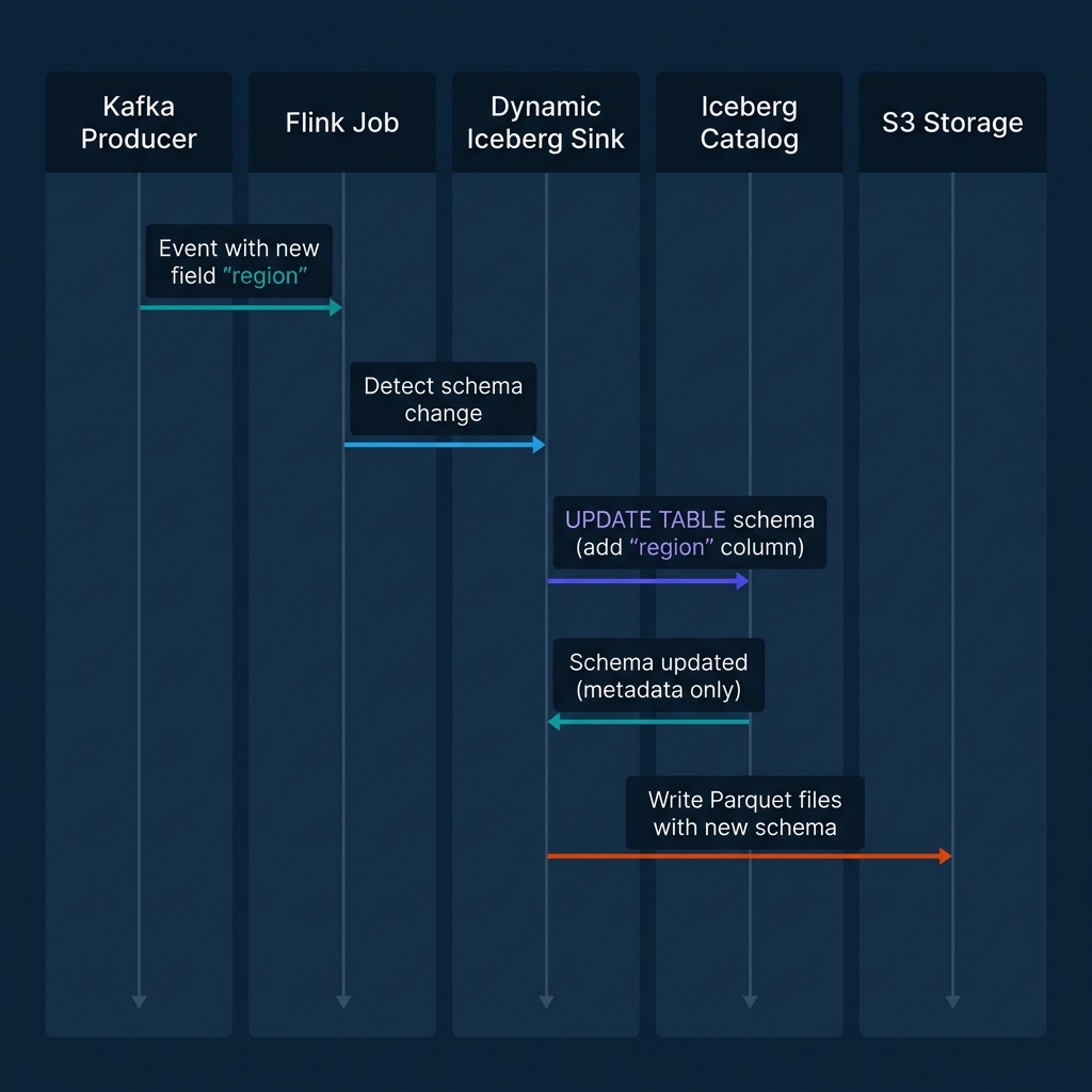 Sequence diagram showing schema evolution flow from Kafka Producer through Flink Job and Dynamic Iceberg Sink to Iceberg Catalog and S3 Storage